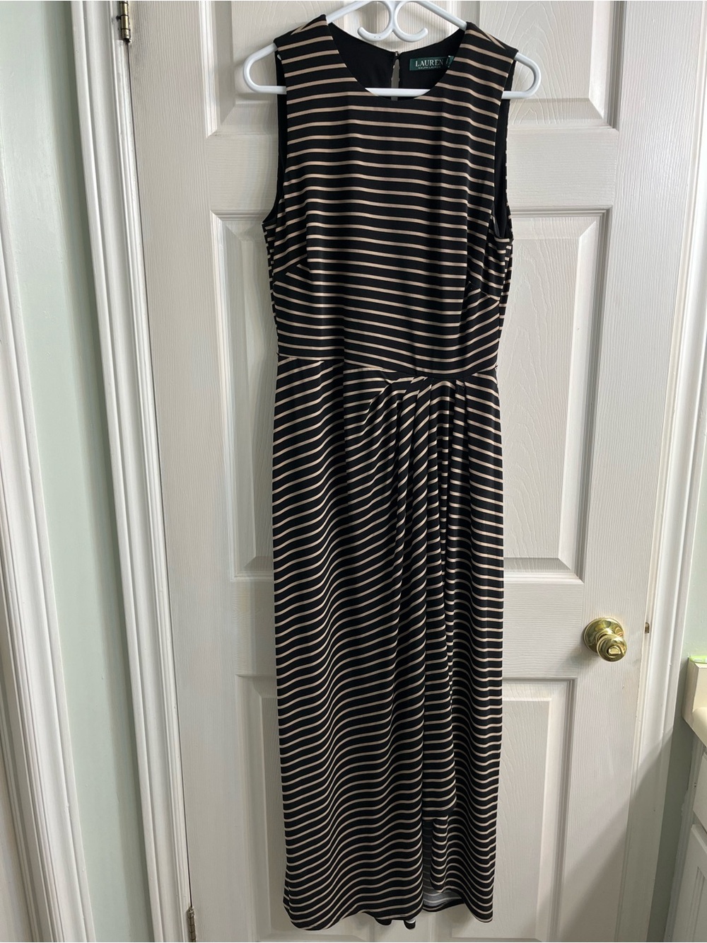 Lauren Ralph Lauren Black tan striped Ruched Sheath Dress size 14